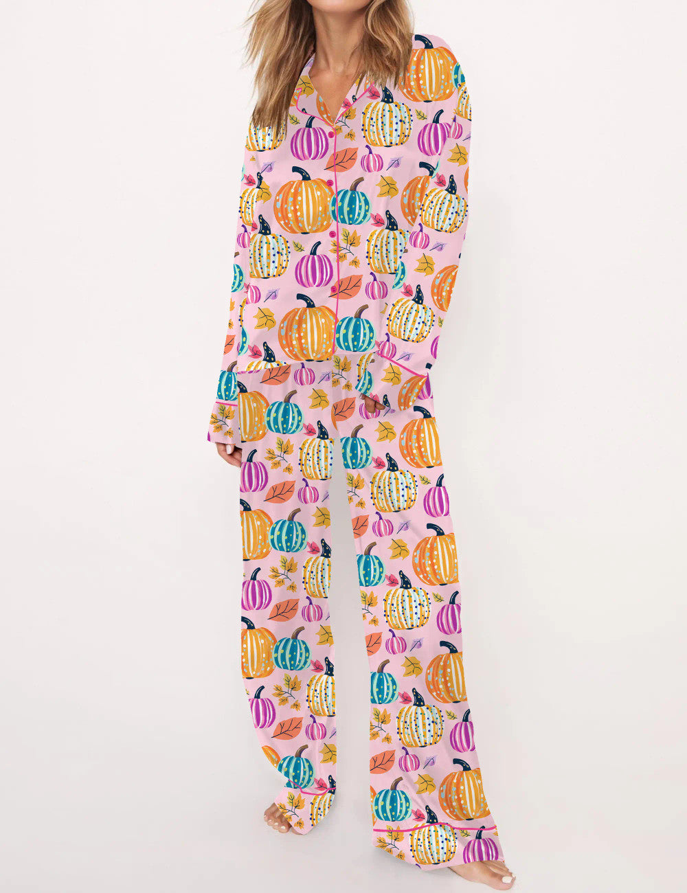 Long Sleeve Fall Pumpkin Silky Satin Pajama Set For Women