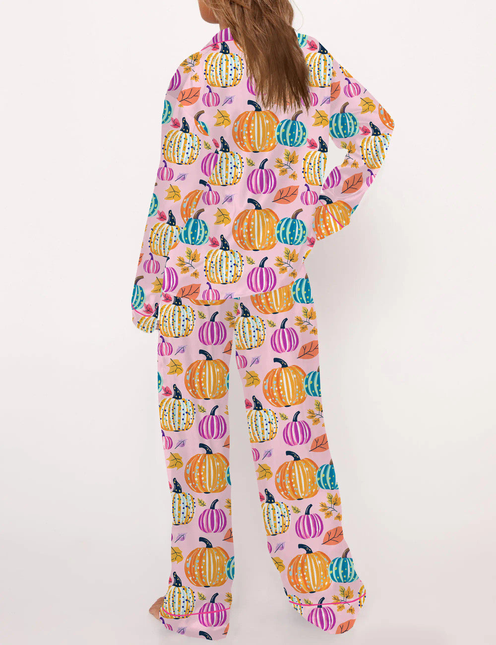 Long Sleeve Fall Pumpkin Silky Satin Pajama Set For Women