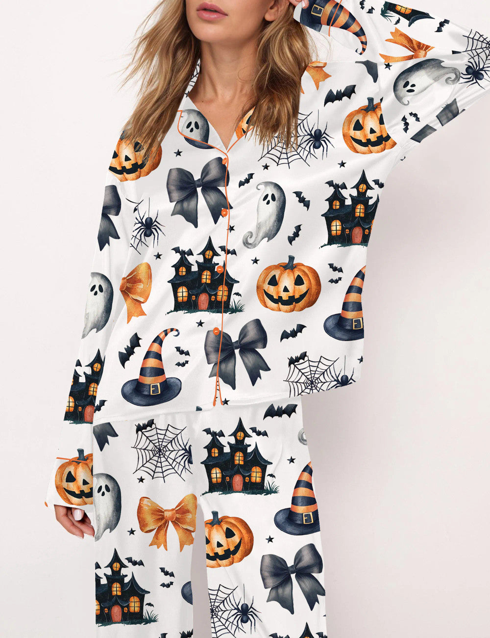 Long Sleeve Coquette Halloween Silky Satin Pajama Set For Women