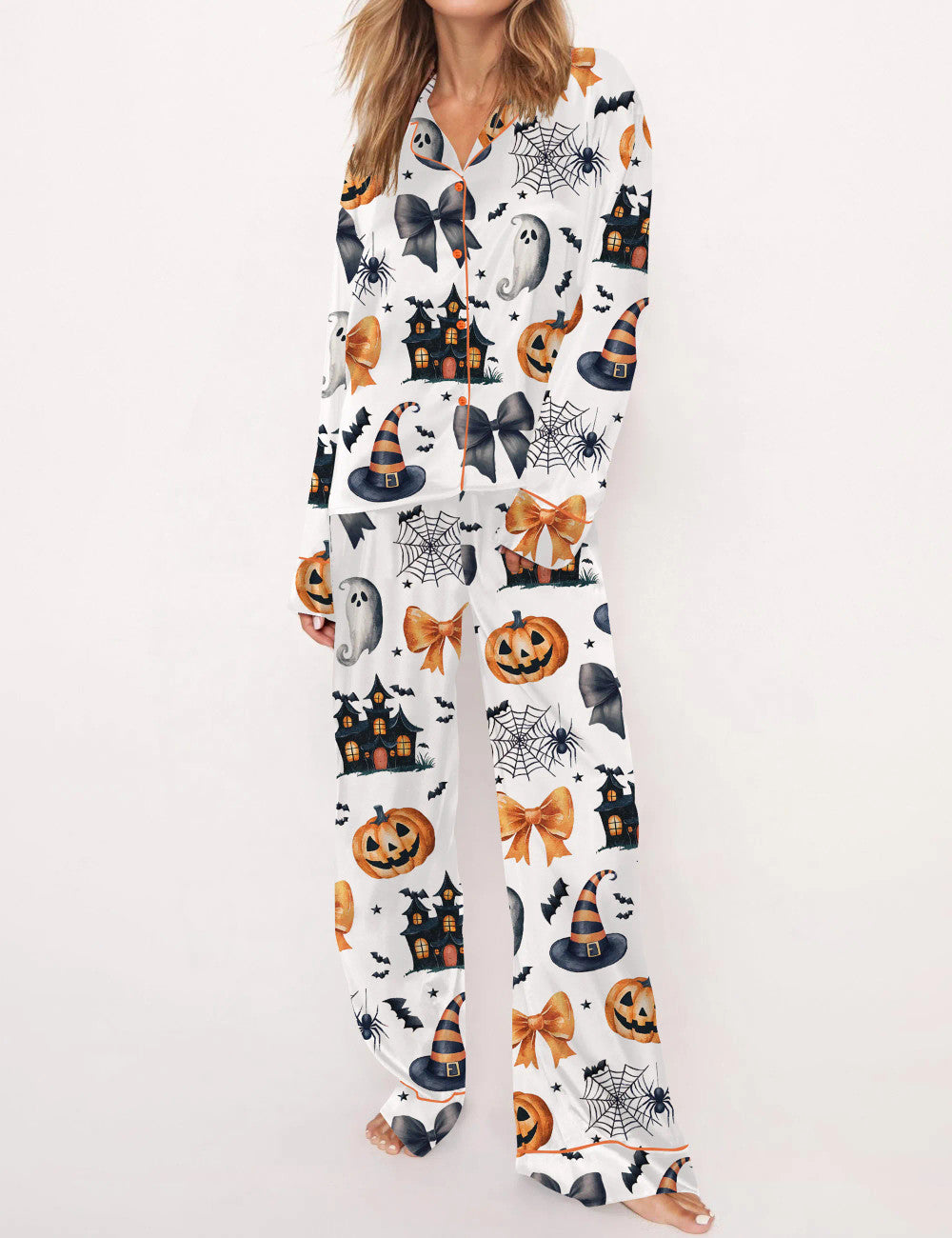 Long Sleeve Coquette Halloween Silky Satin Pajama Set For Women