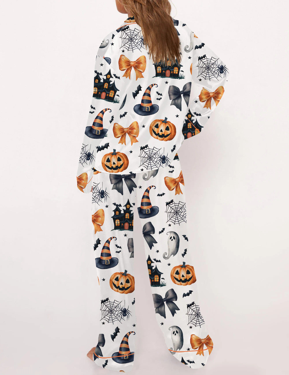 Long Sleeve Coquette Halloween Silky Satin Pajama Set For Women