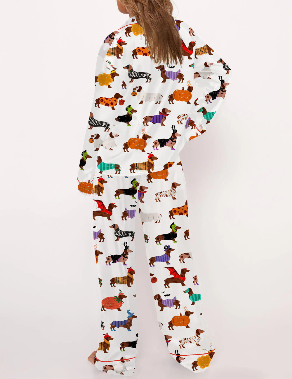 Long Sleeve Halloween Dachshund Silky Satin Pajama Set For Women