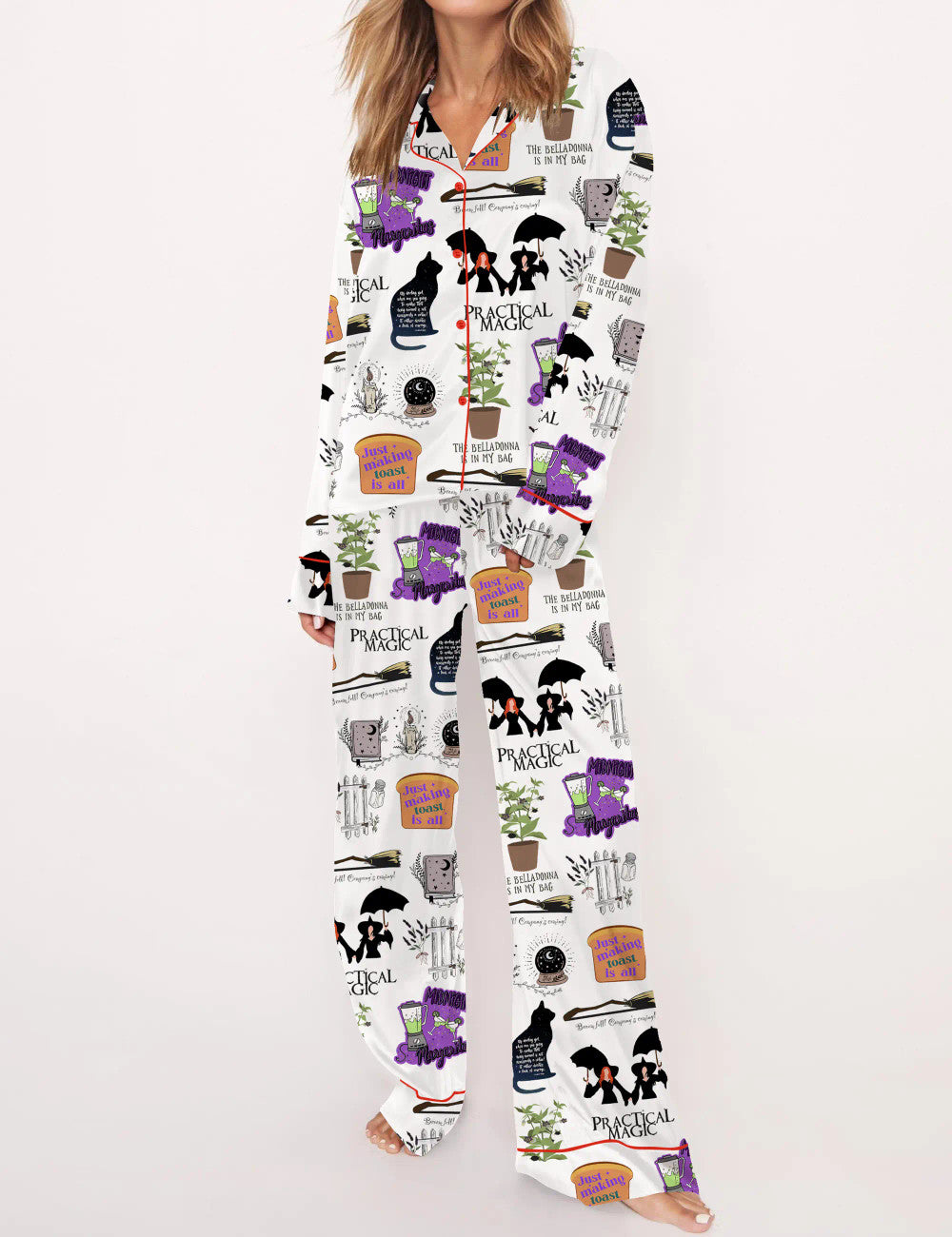 Long Sleeve Practical Magic Witches Silky Satin Pajama Set For Women