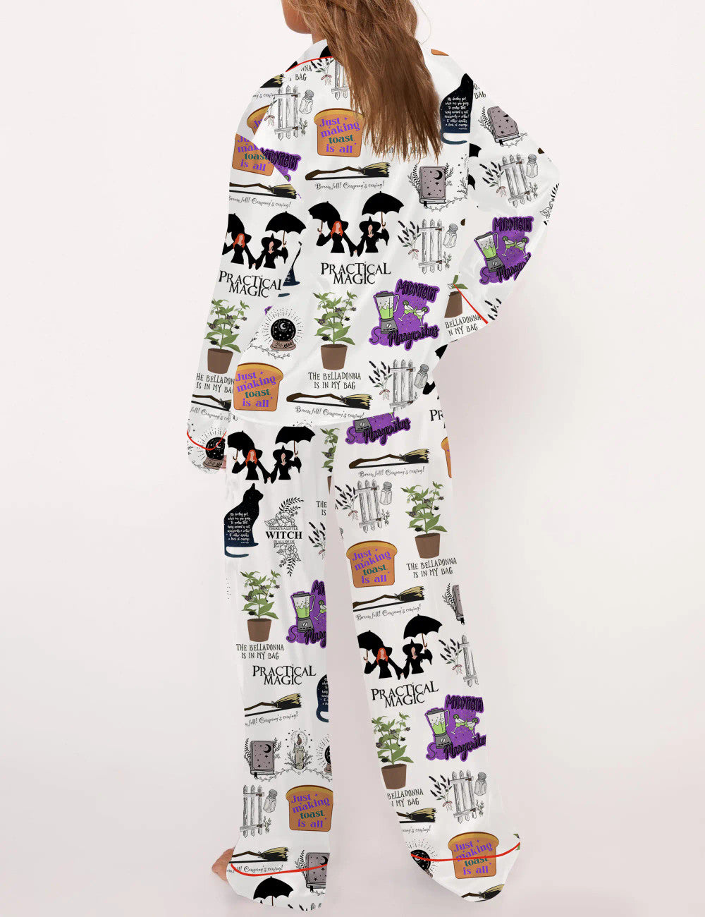 Long Sleeve Practical Magic Witches Silky Satin Pajama Set For Women