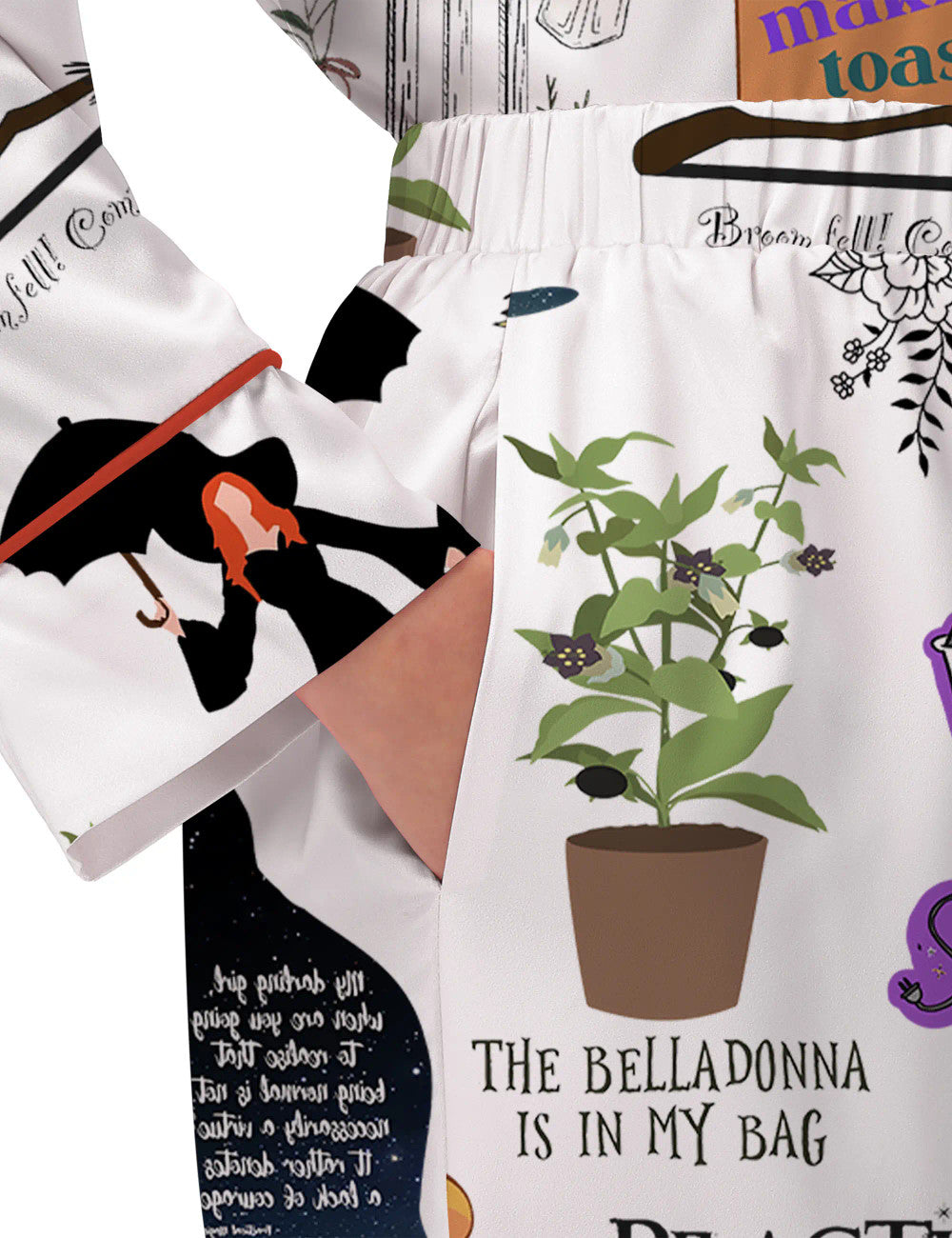 Long Sleeve Practical Magic Witches Silky Satin Pajama Set For Women