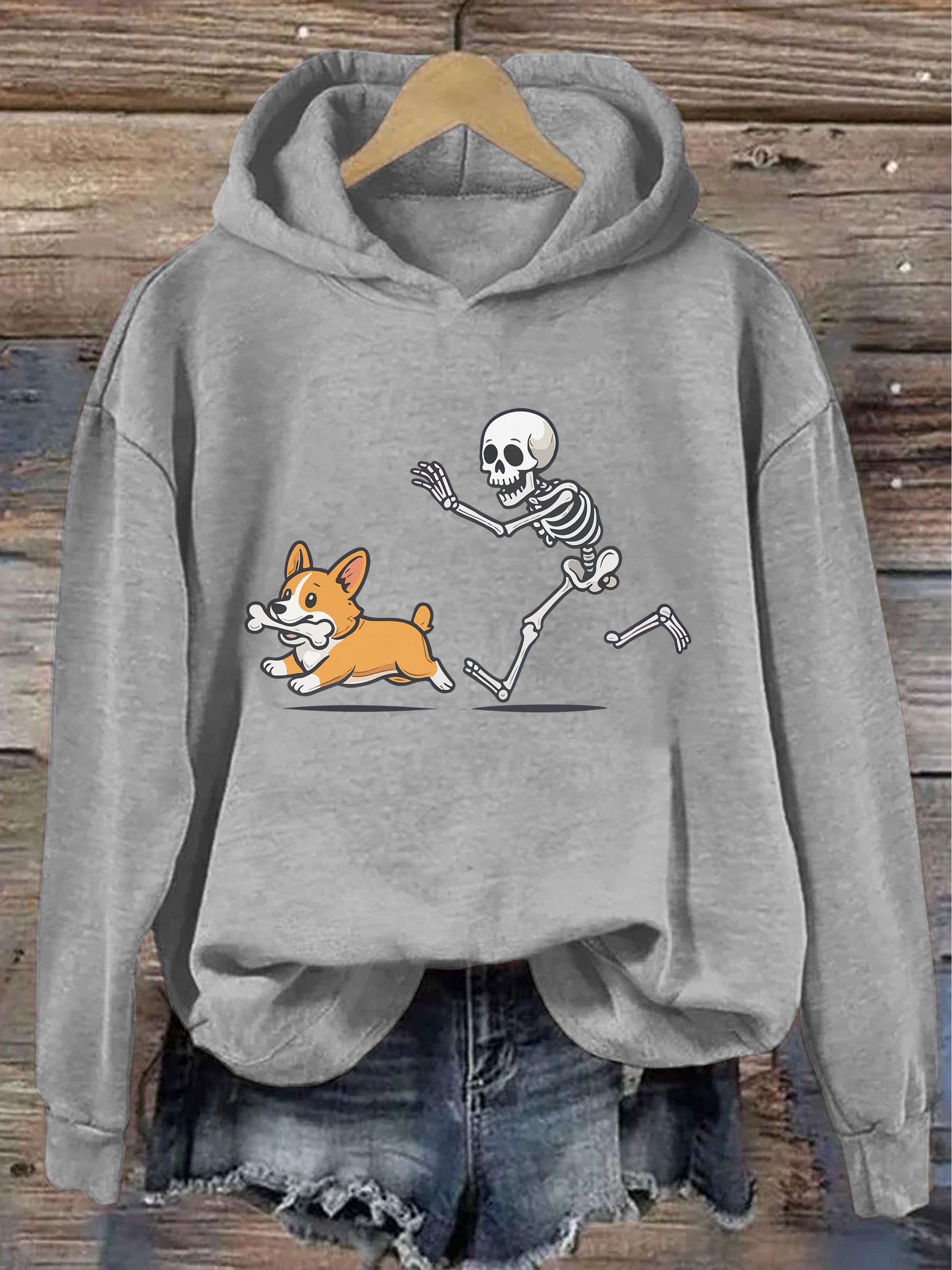 Funny Skeleton Chasing Corgi Hoodie