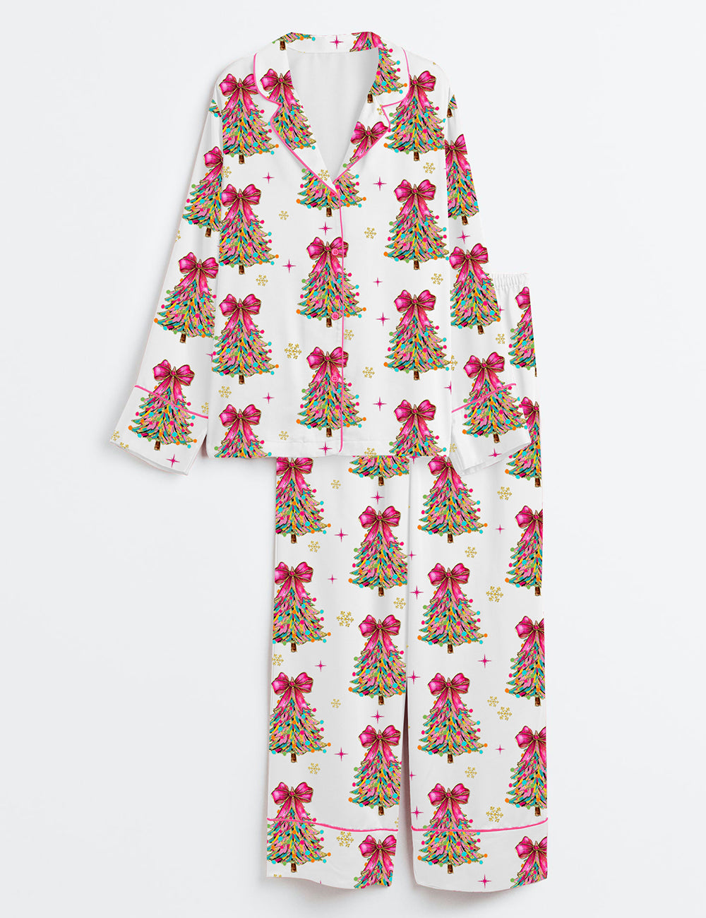 Colorful Coquette Glitter Christmas Tree Long Sleeve Satin Pajama Set