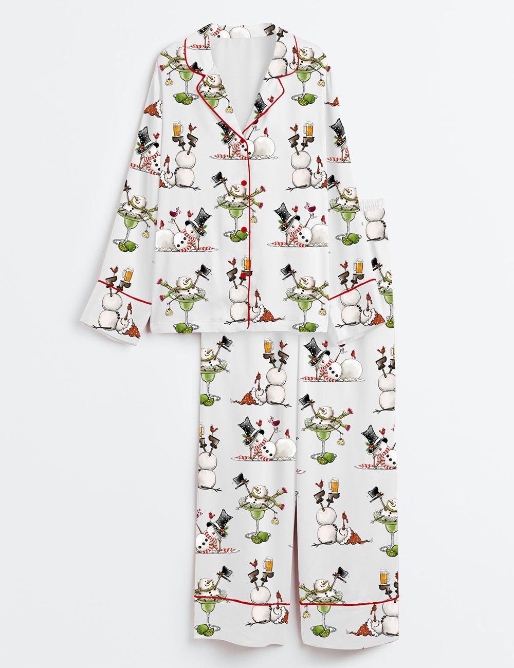 Christmas Snowman Martini Beer Wine Lovers Long Sleeve Satin Pajama Set