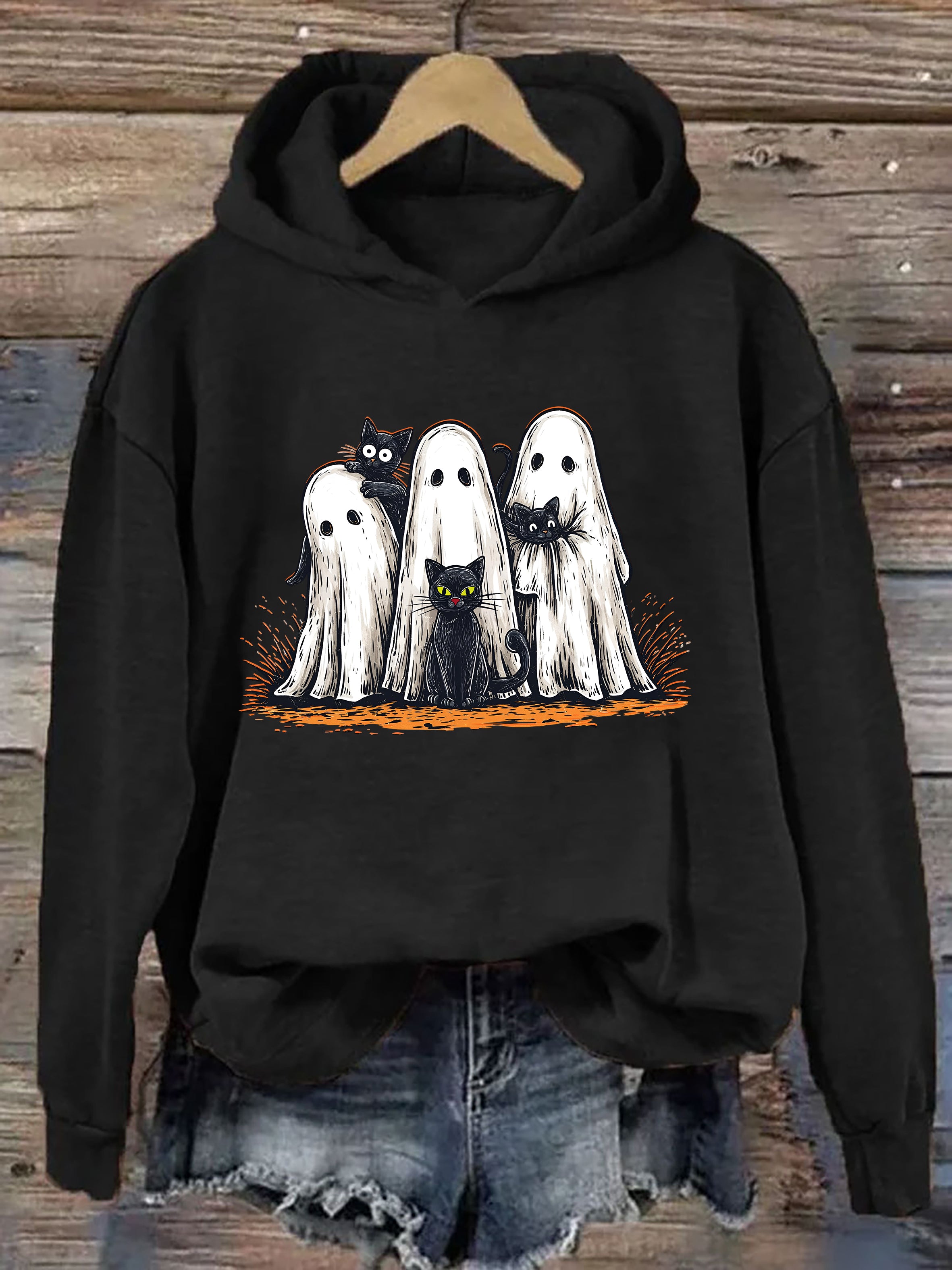 Retro Halloween Ghost And Cat Hoodie