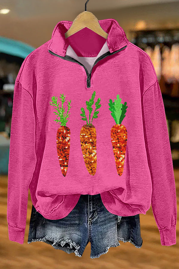 Shiny Easter Carrot Print Sweatshirt