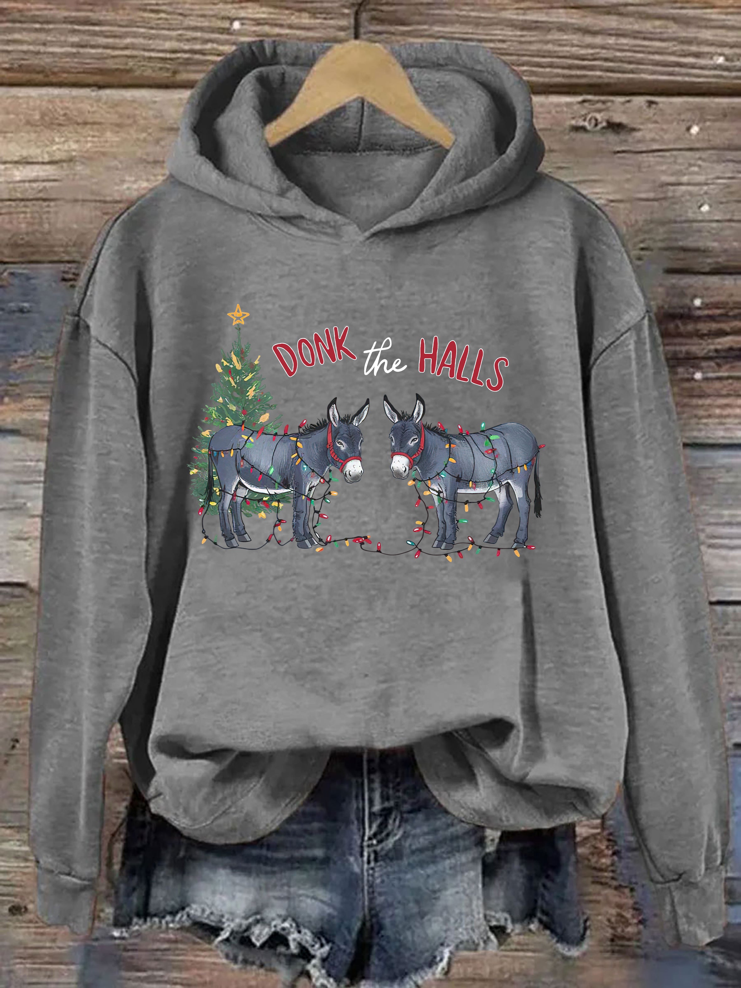 Funny Christmas Donkeys Tangled In Christmas Lights Hoodie