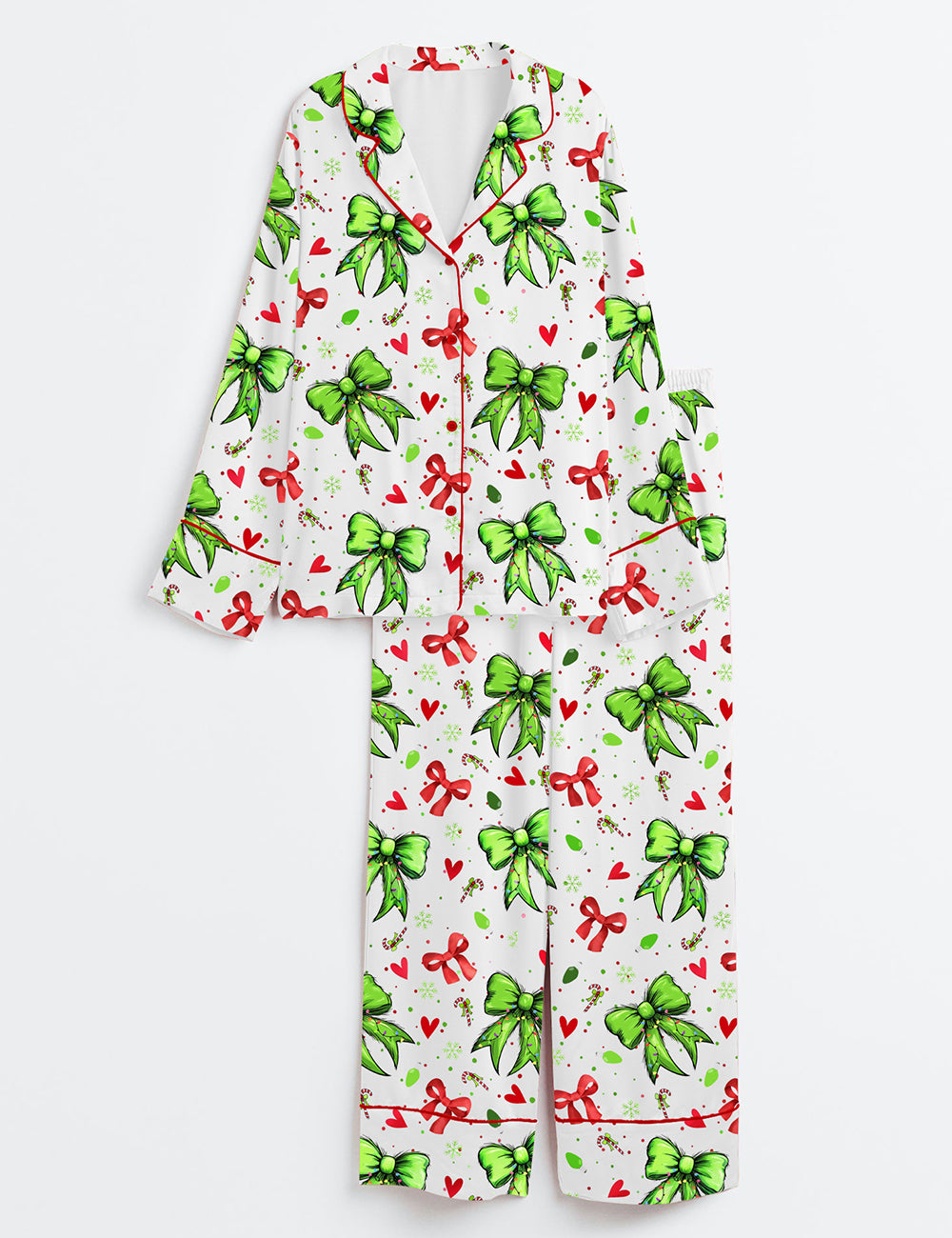 Christmas Grinch Mean Green Guy Coquette Bow Long Sleeve Satin Pajama Set