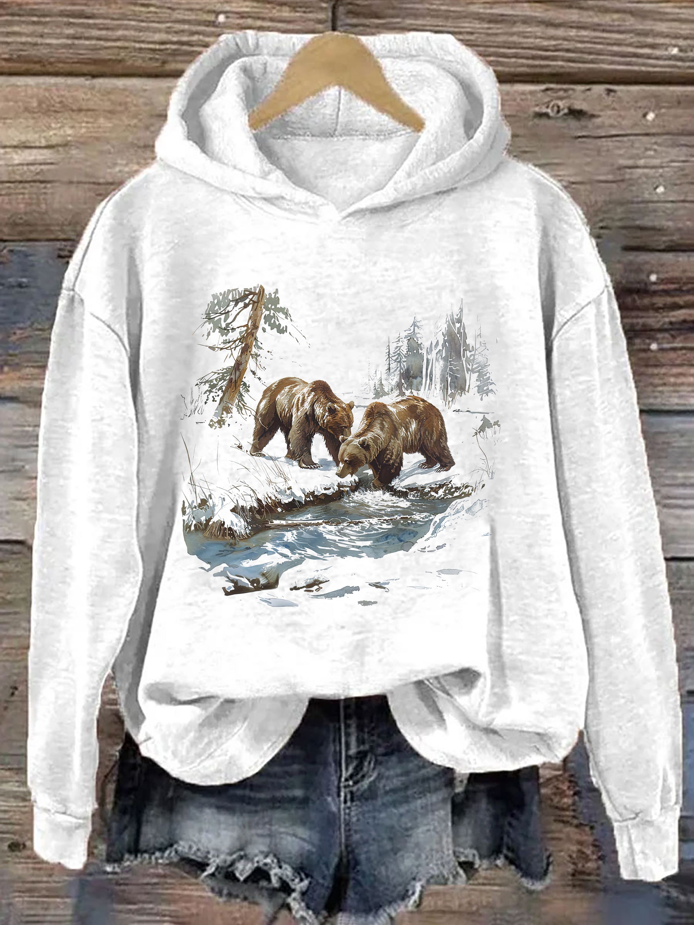 Retro Grizzly Bears Wilderness Scene Hoodie