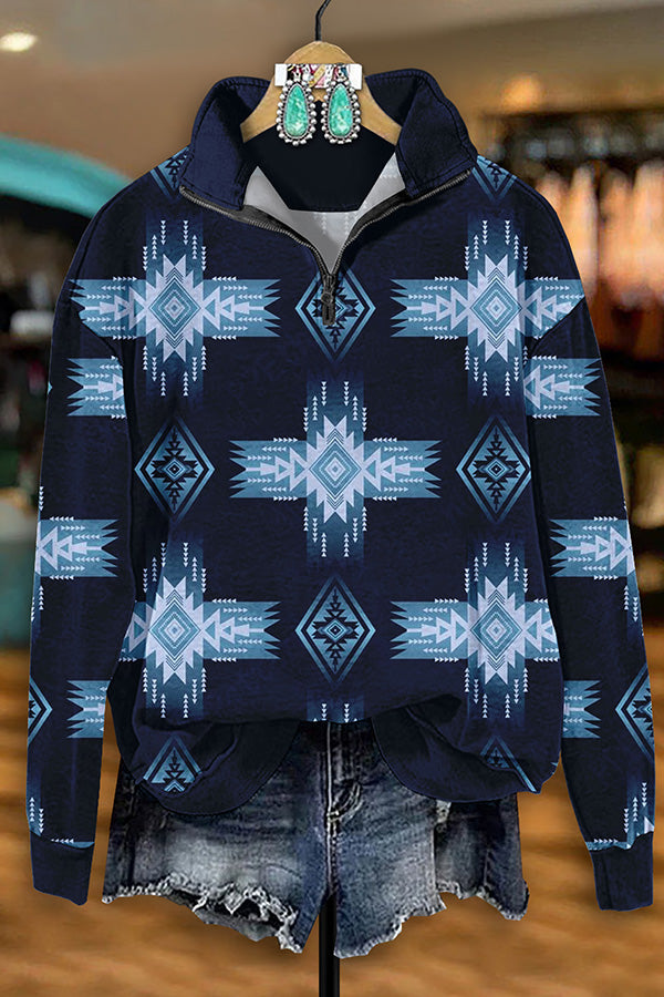 Retro Western Aztec Print Zip-Up Sweatshirt