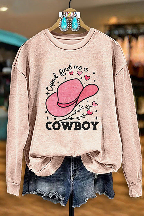 Retro Western Hat Heart Print Sweatshirt