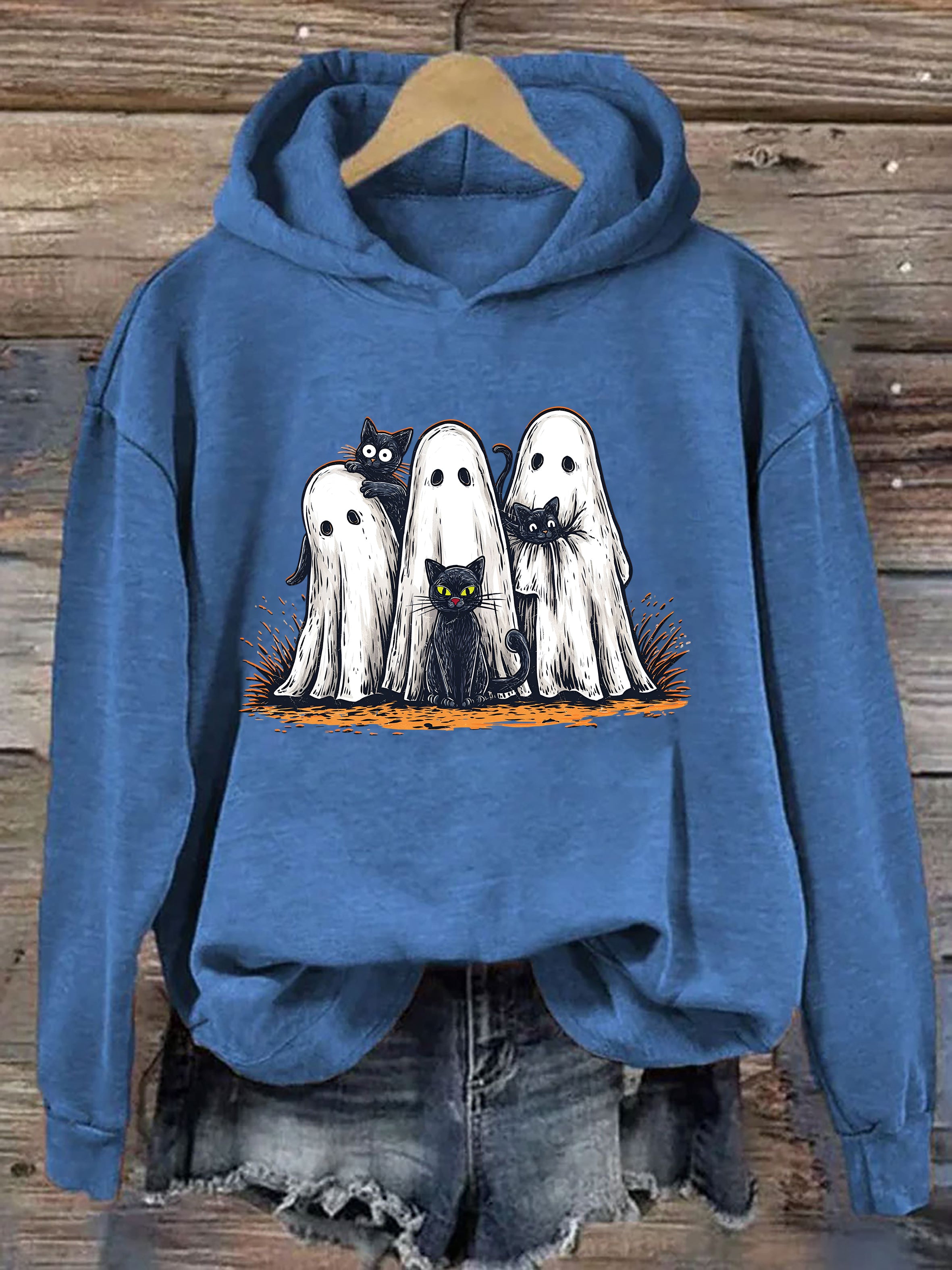 Retro Halloween Ghost And Cat Hoodie