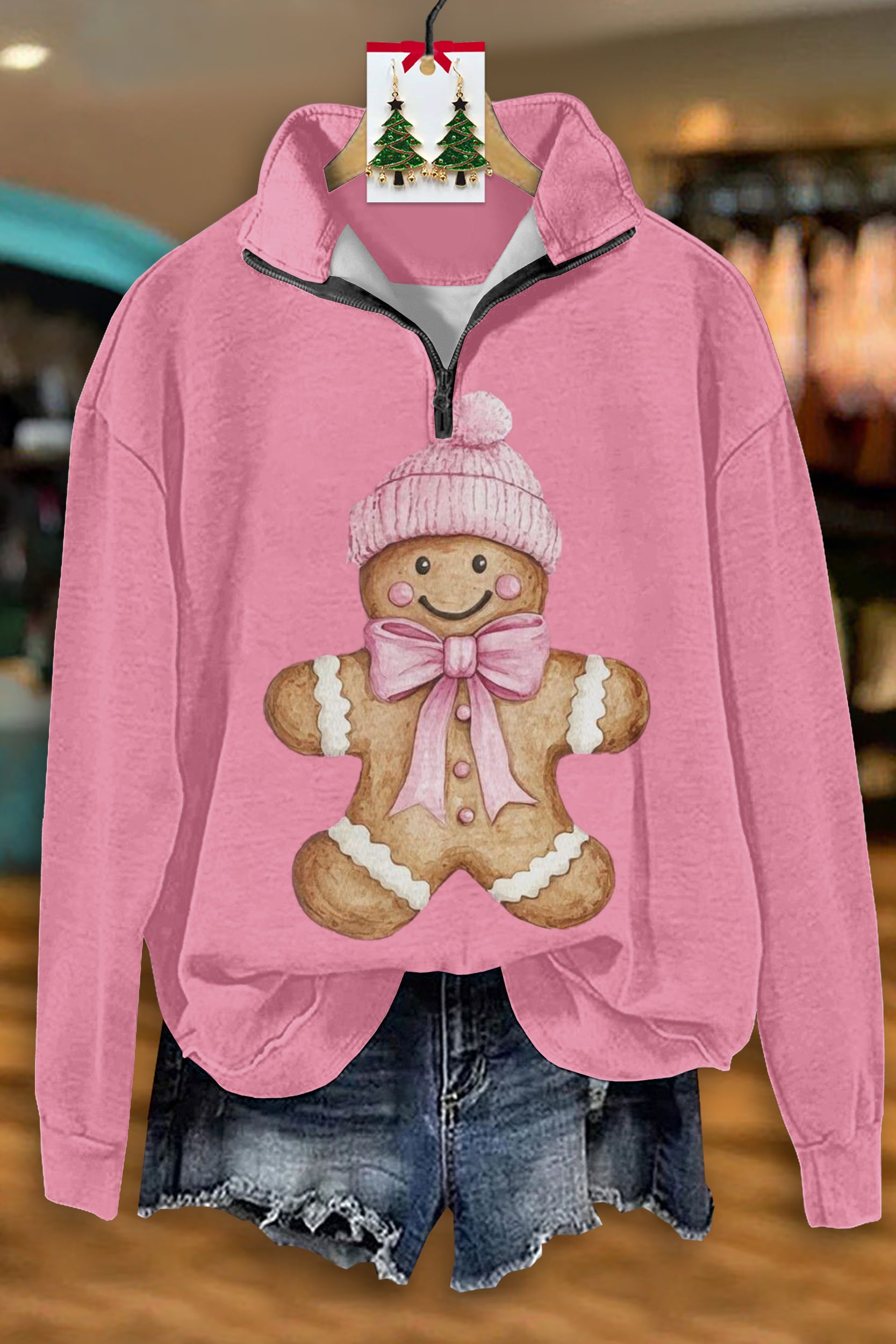 Cute Christmas Gingerbread Man Print Zip-Up Sweatshirt