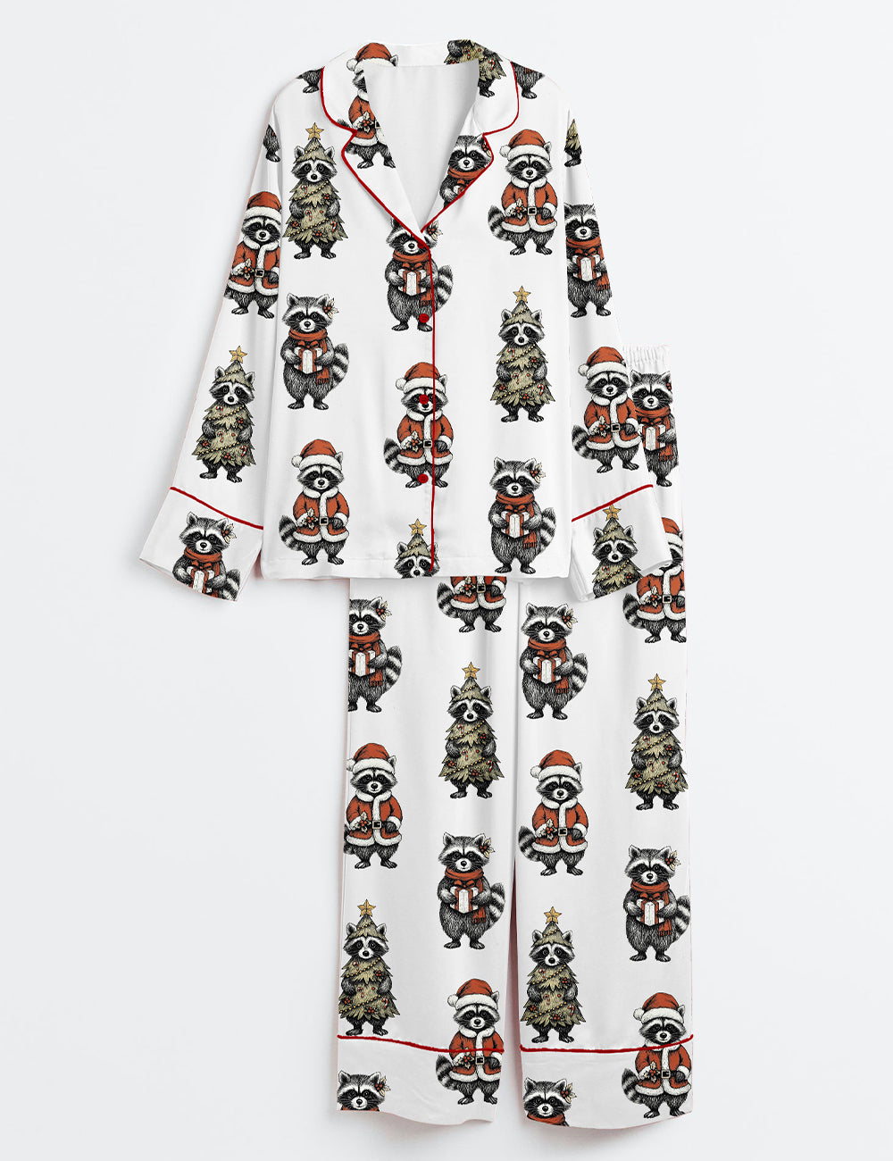Christmas Raccoons Cute Woodland Raccoon Trio Long Sleeve Satin Pajama Set