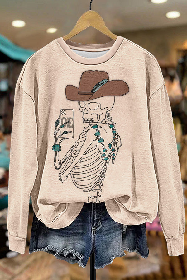 Halloween Western Cowgirl Skull Selfie Sweatshirt
