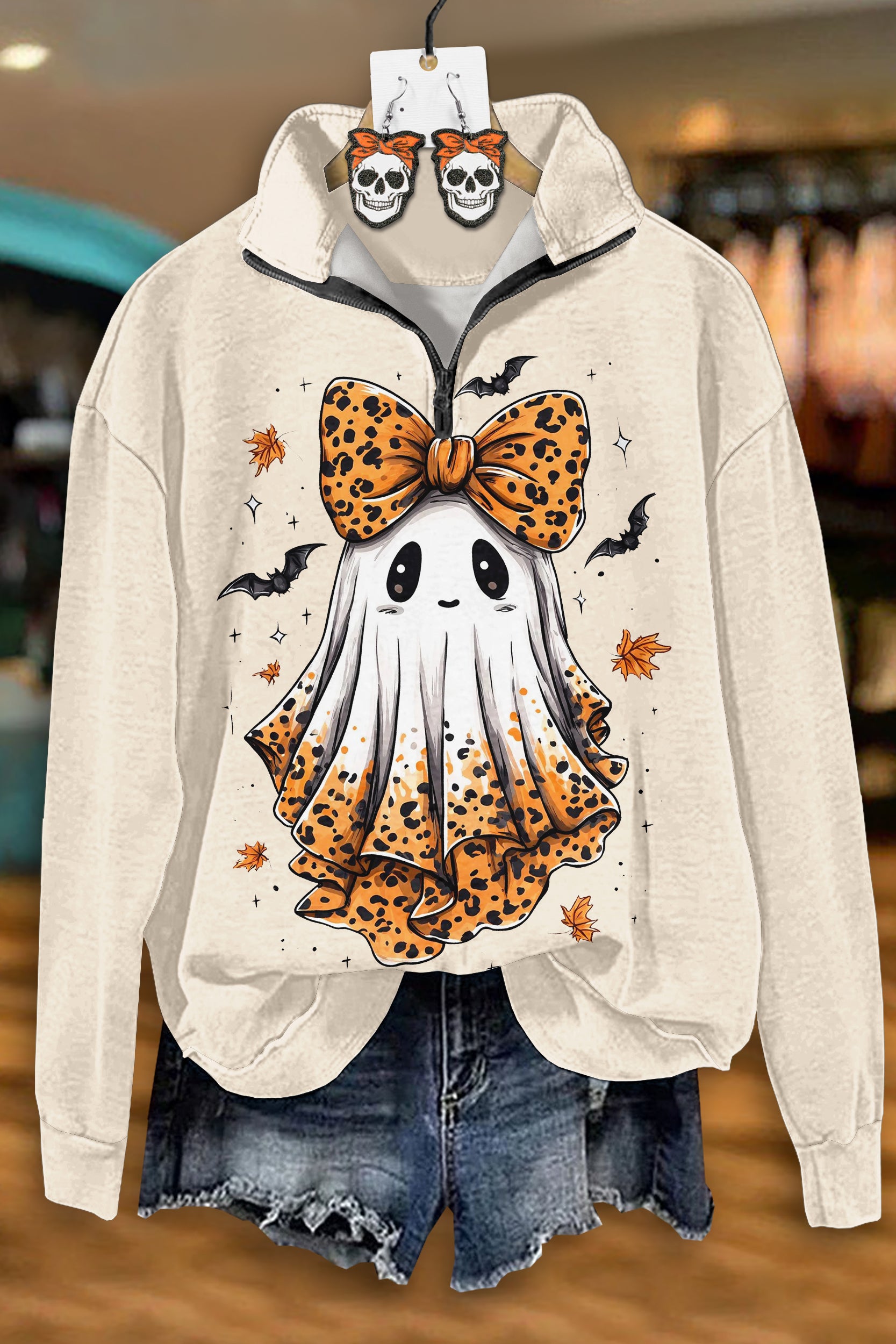 Cute Halloween Ghost Bow Zipper Sweatshirt