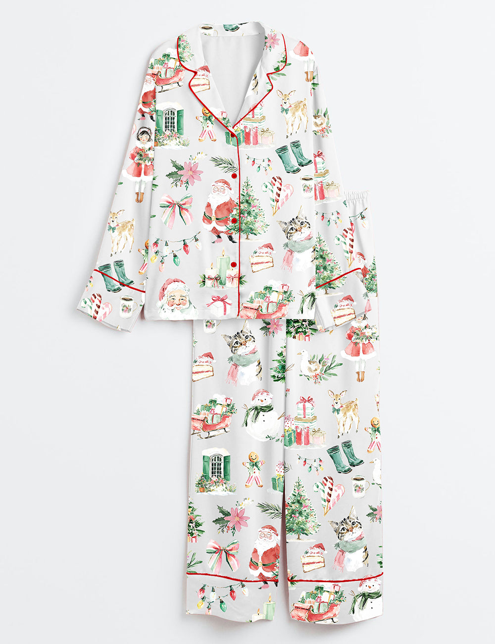 Watercolor Quirky Christmas Coquette Santa Claus Long Sleeve Satin Pajama Set