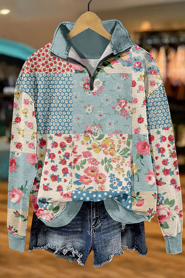 Sweet Pastoral Floral Splicing Print Sweatshirt