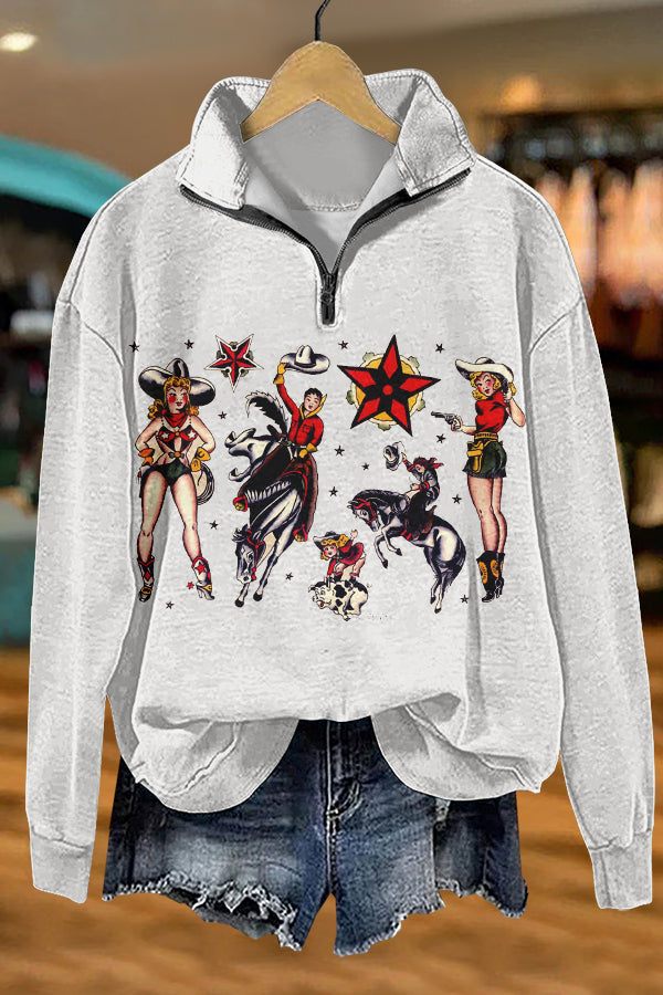 Cozy Western Cowgirl Print Sweatshirt