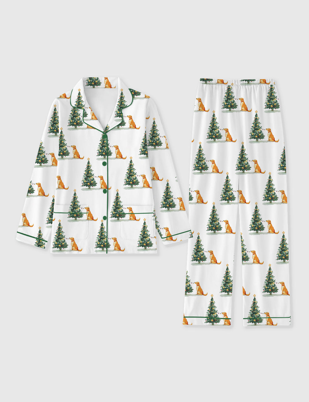 Women's Golden Retriever With Christmas Tree Long Sleeve Pocket Cotton Pajama Set