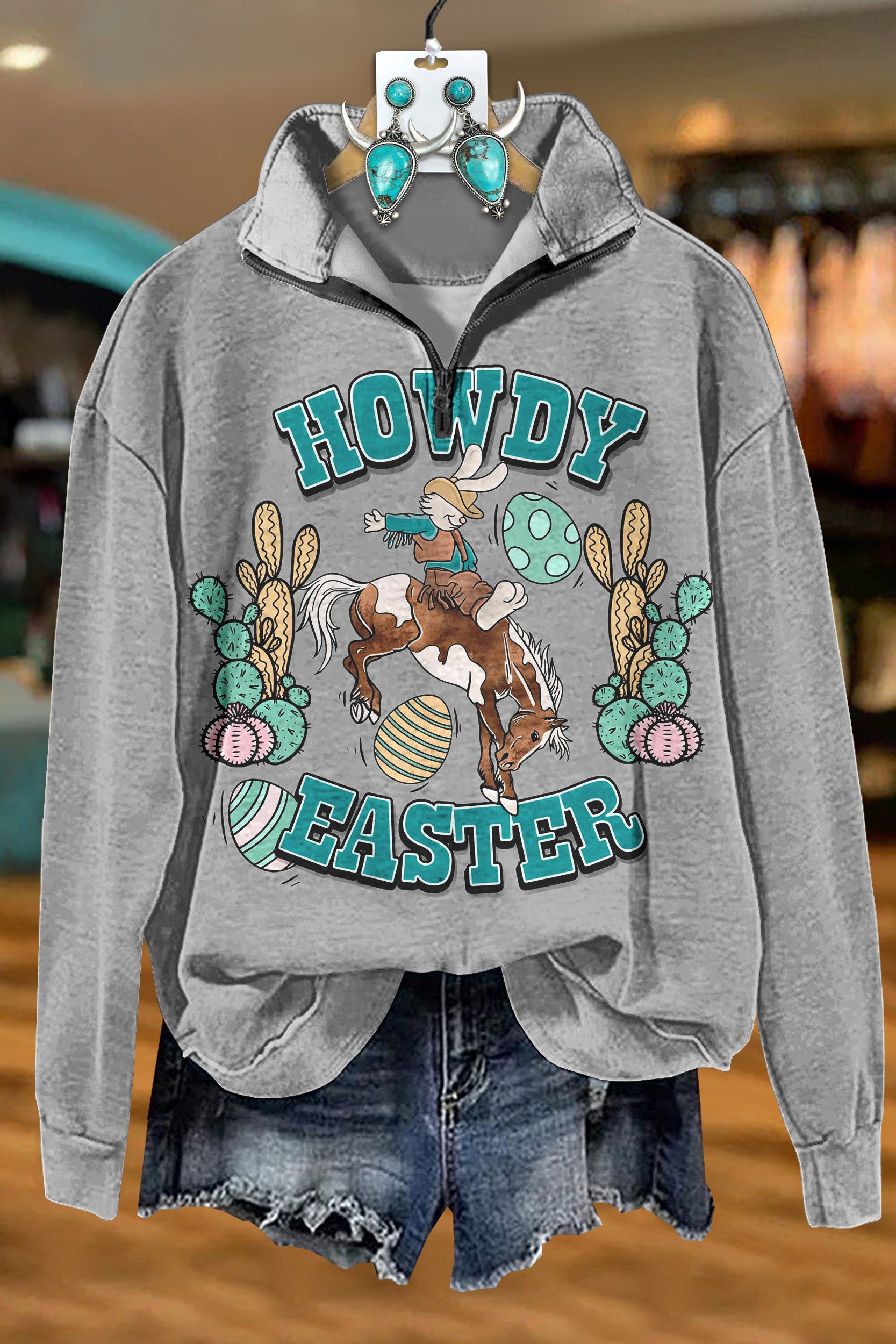 Western Howdy Easter Bunny Zipper Sweatshirt
