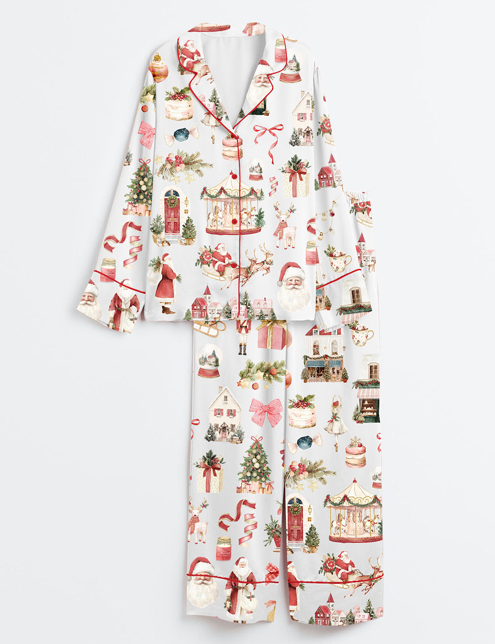 Watercolor Classic Christmas Preppy Christmas Santa Long Sleeve Satin Pajama Set
