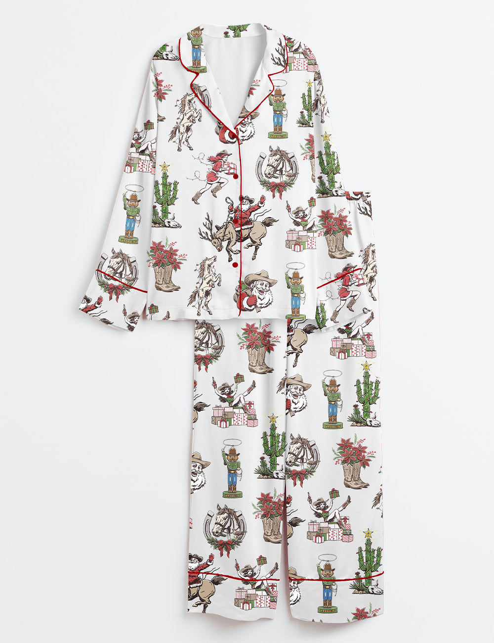 Retro Cowgirl Christmas Western Santa Rodeo Wrangler Holiday Cactus Season Long Sleeve Satin Pajama Set