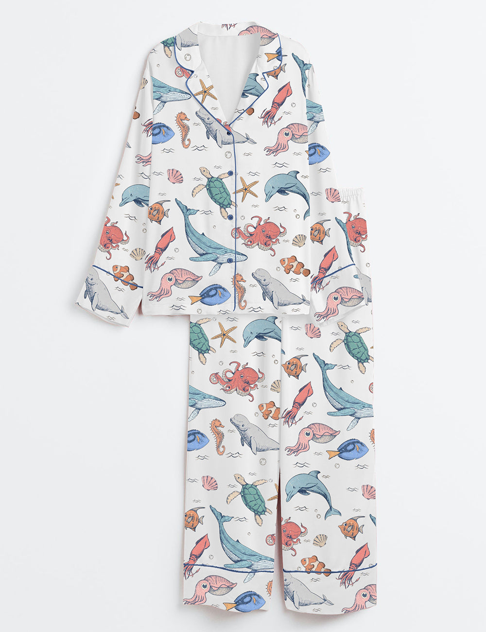 We All Swim Together Ocean Animal Underwater Turtle Long Sleeve Satin Pajama Set