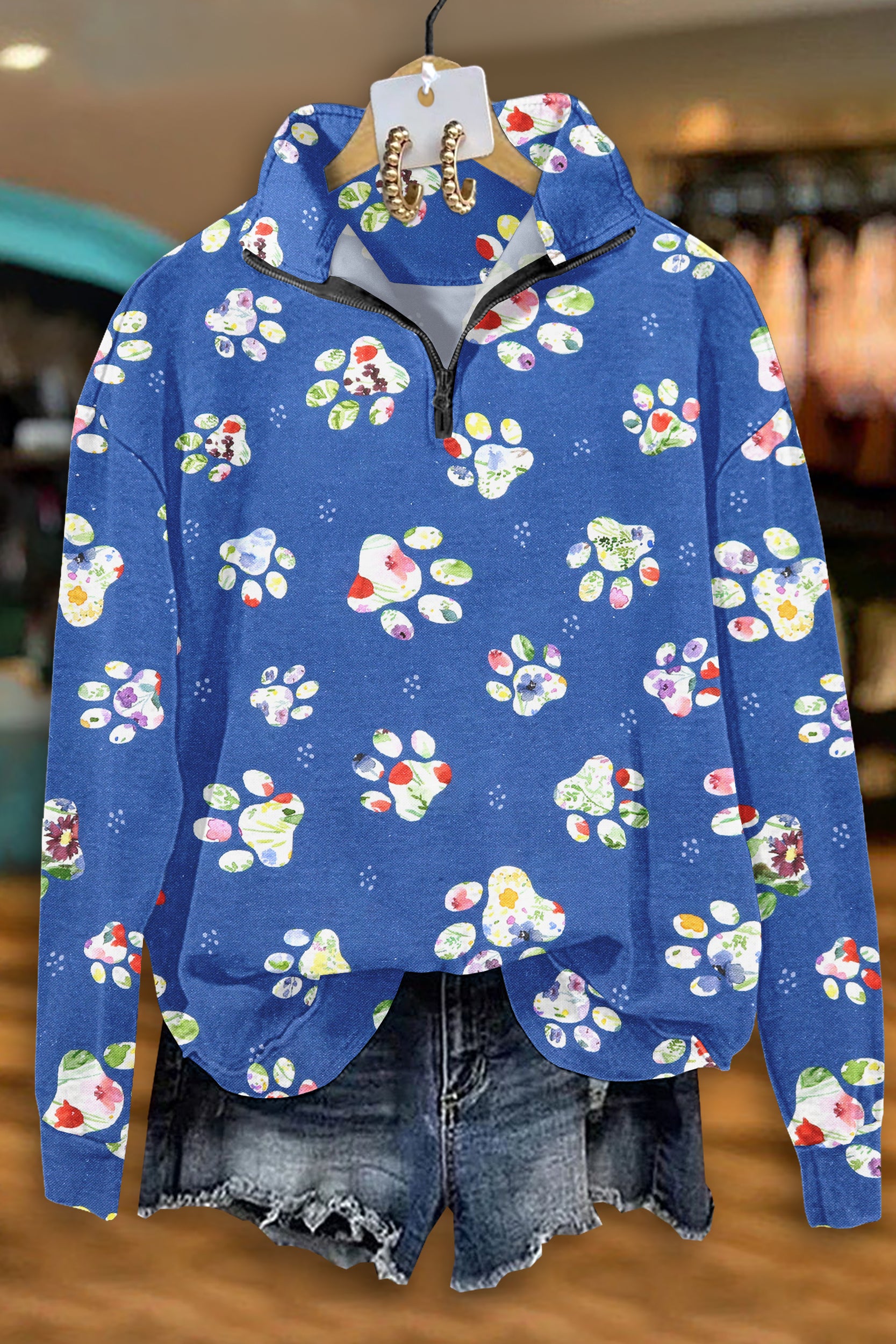 Cute Dog Paw Print Zipper Sweatshirt