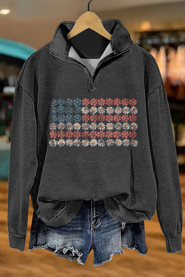 Chic Floral Patriotic Day American Flag Print Sweatshirt