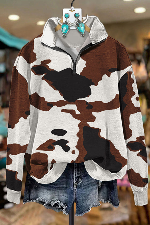 Western Classic Cow Print Zipper Sweatshirt
