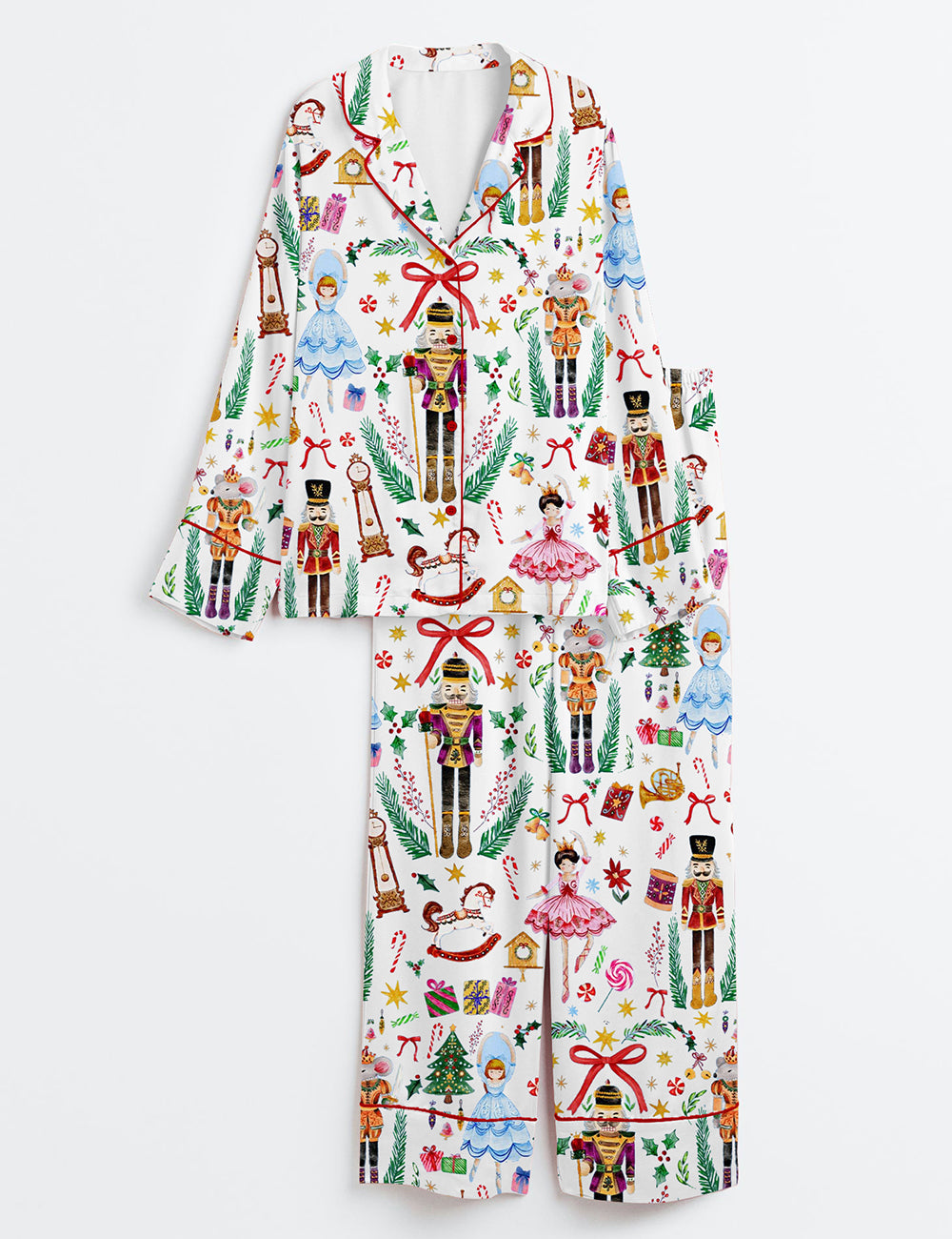 Vintage Christmas Nutcracker Ballet Holiday Party Long Sleeve Satin Pajama Set