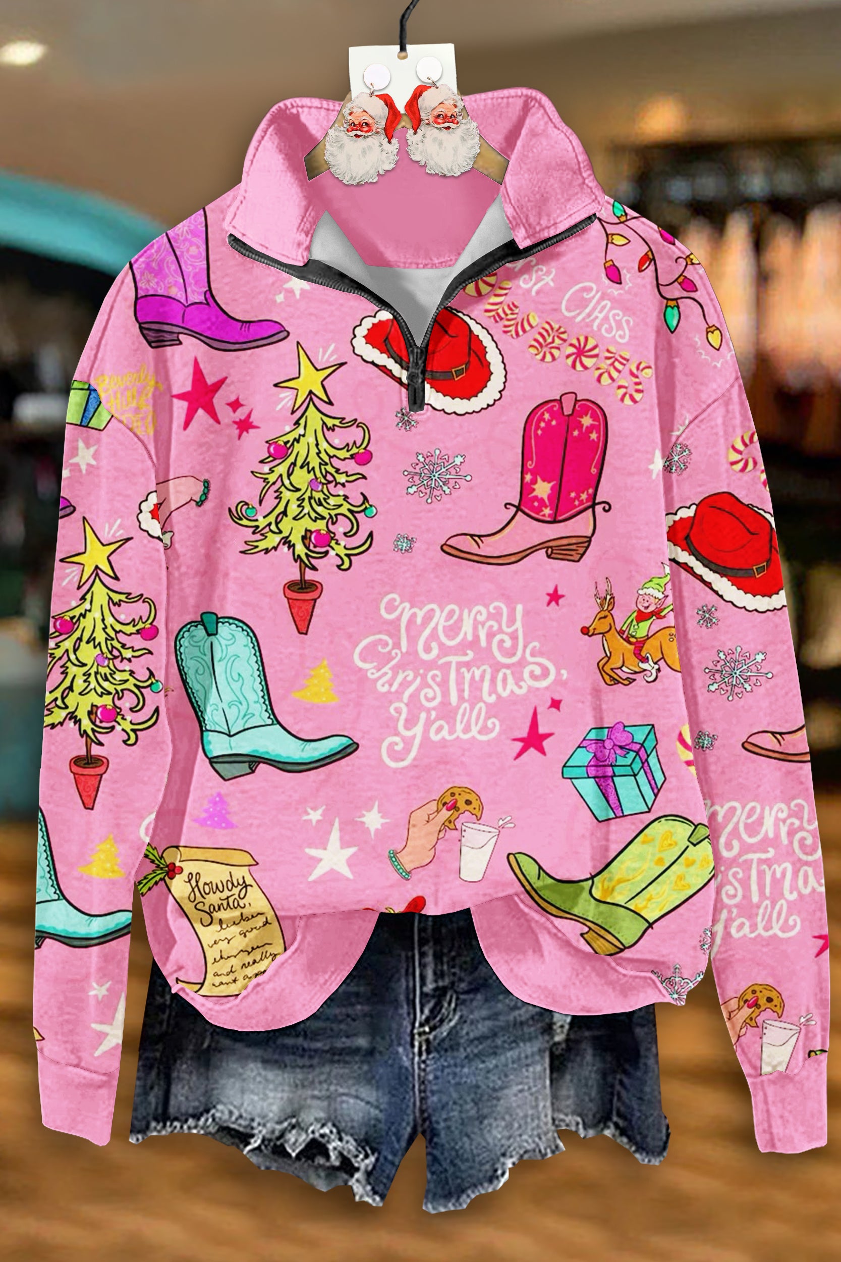 Christmas Boot Print Zip-Up Sweatshirt