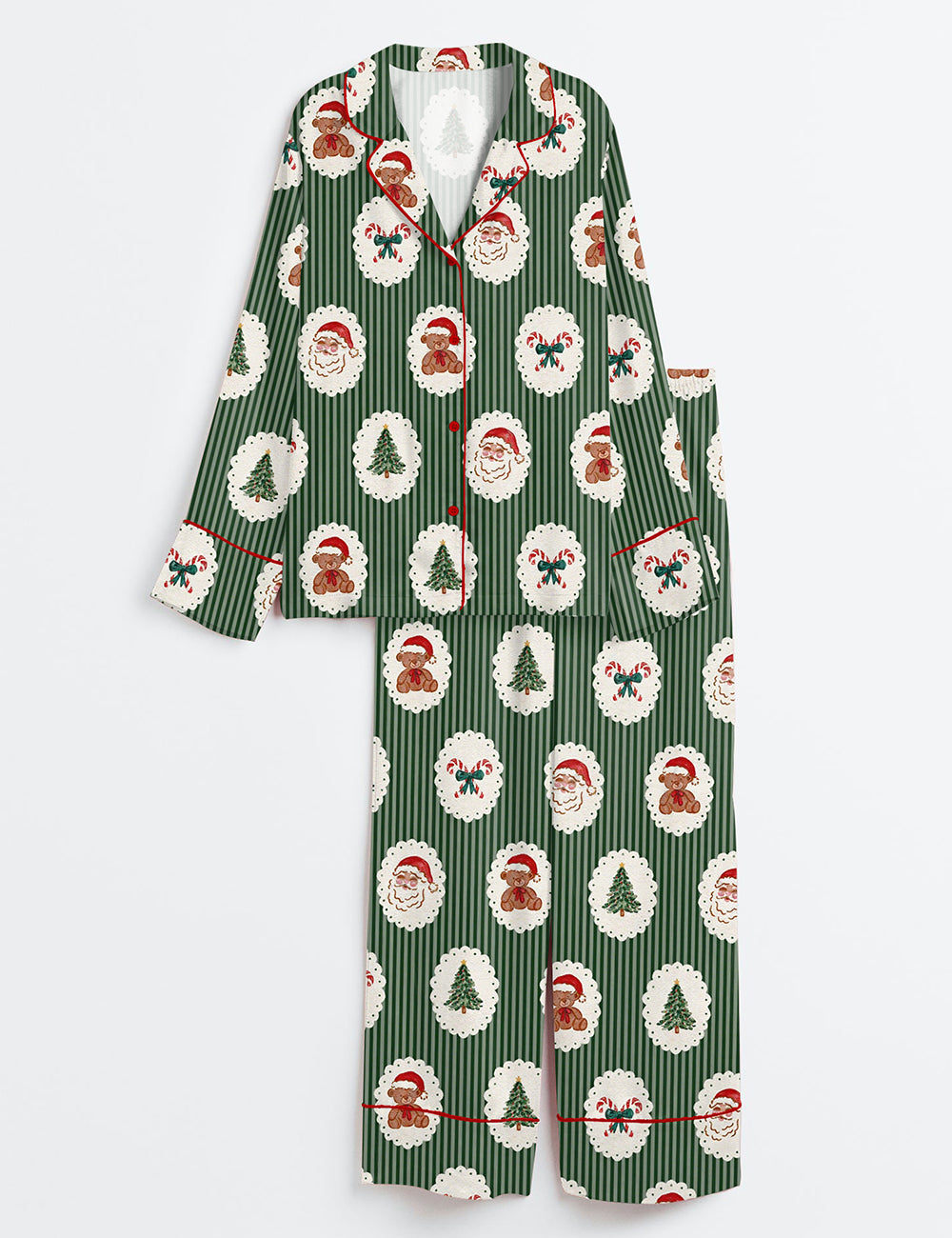 Red And Green Cameo Christmas Reindeer Gingerbread Bows Candy Cane Teddy Bears Long Sleeve Stripes Satin Pajama Set