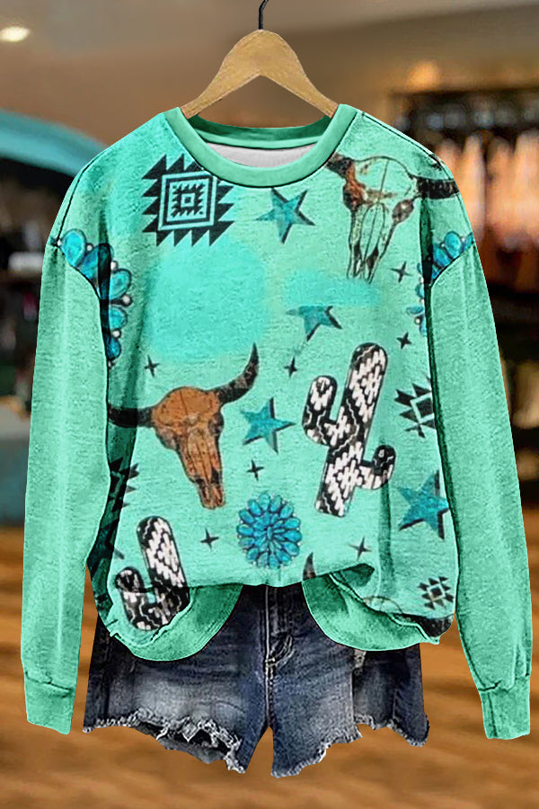 Retro Western Bull Head Cactus Print Sweatshirt
