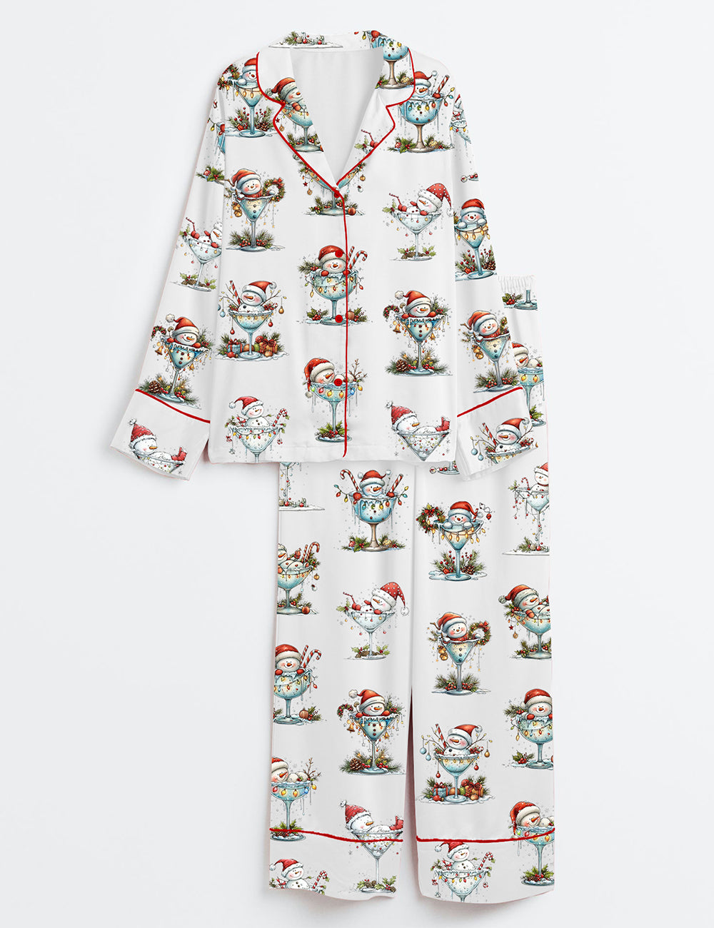 Quirky Snowman Christmas Winter Holiday Santa Wine Long Sleeve Satin Pajama Set