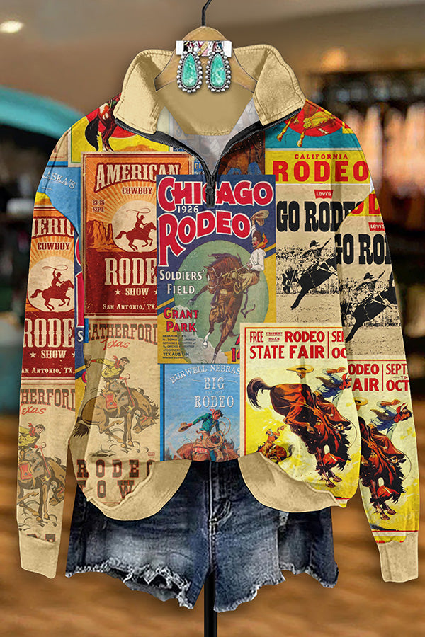 Vintage Western Rodeo Print Zip-Up Sweatshirt