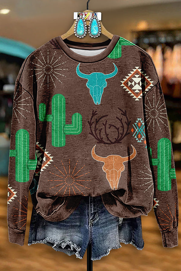 Retro Western Bull Head Cactus Print Sweatshirt