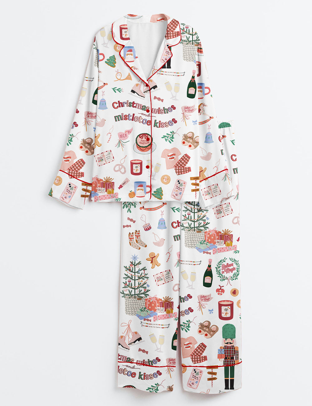 Christmas Holiday Festive Winter Christmas Wishes And Mistletoe Kisses Long Sleeve Satin Pajama Set