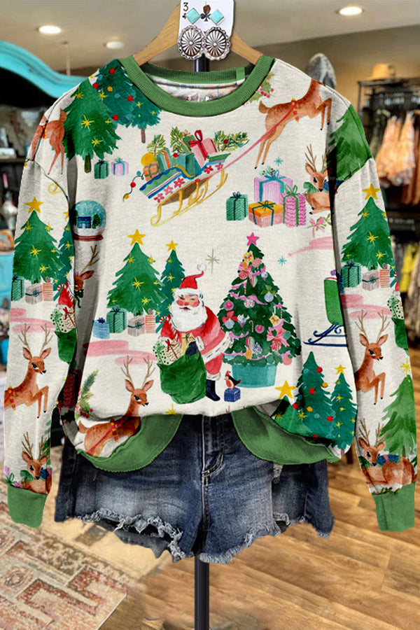 Classic Contrast Color Christmas Print Sweatshirt