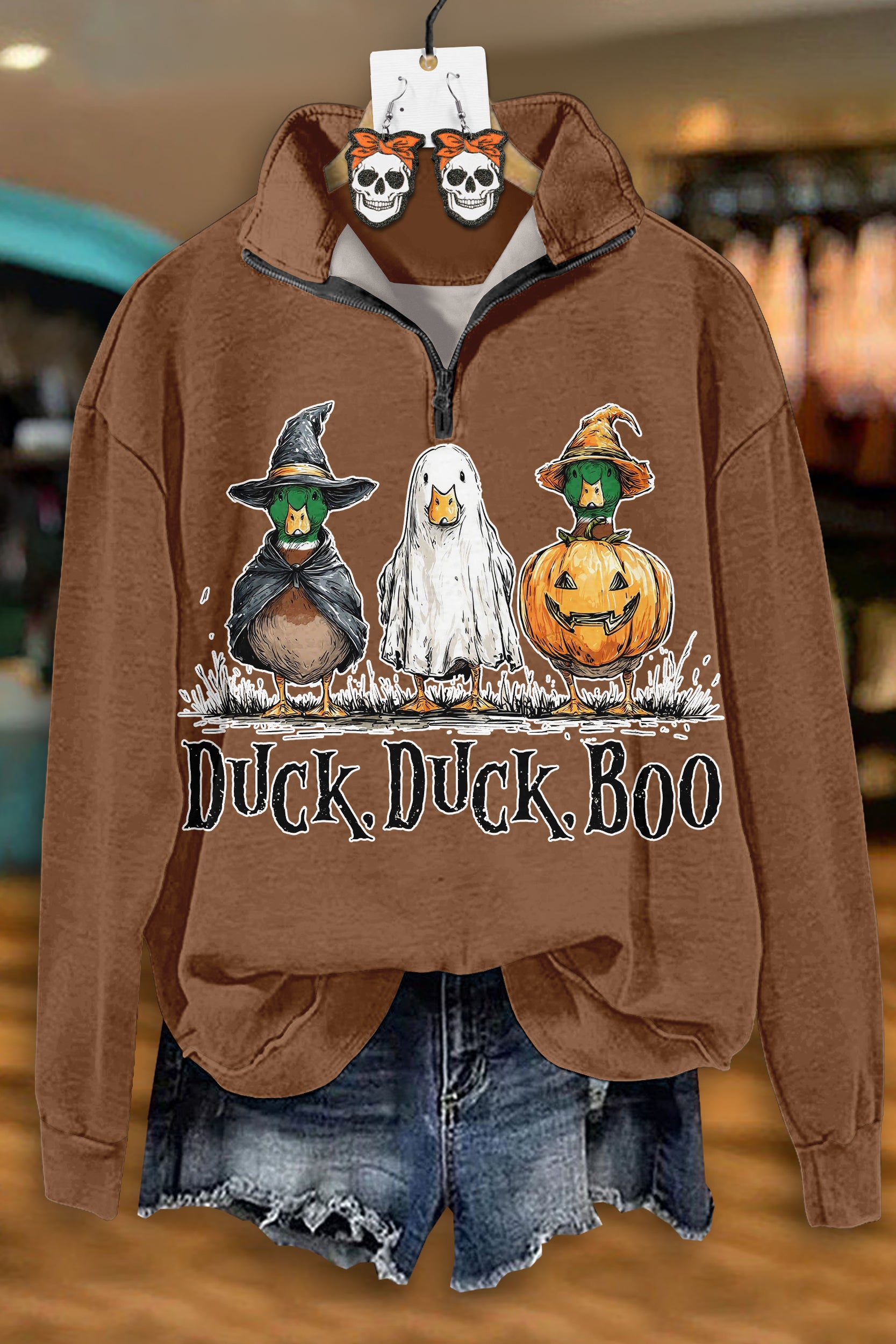 Vintage Halloween Duck Pumpkin Zip-Up Sweatshirt