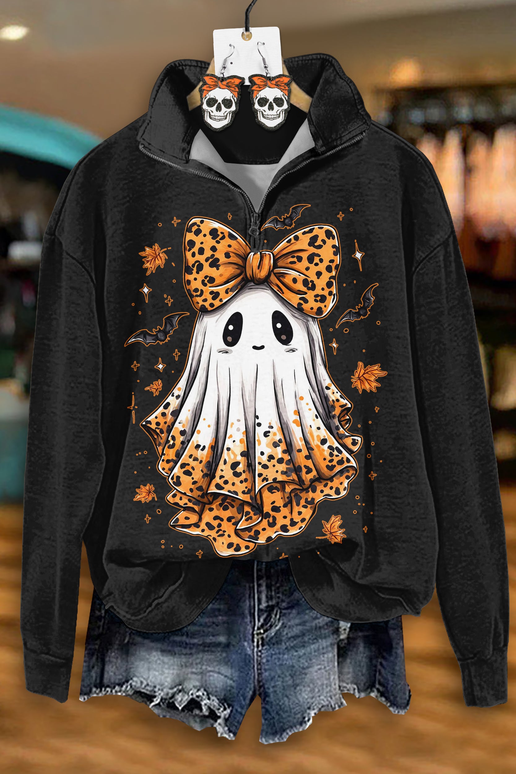 Cute Halloween Ghost Bow Zipper Sweatshirt