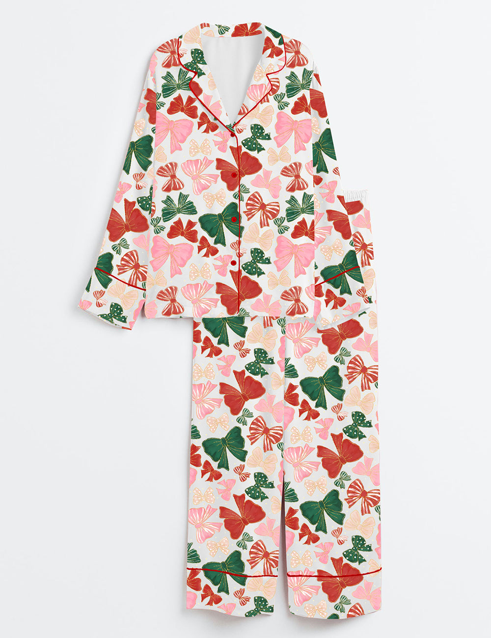 Preppy Christmas Coquette Bows Long Sleeve Satin Pajama Set