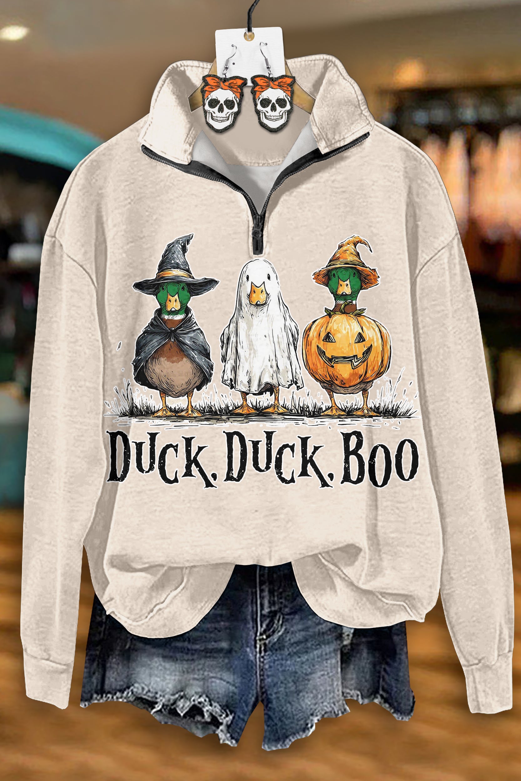 Vintage Halloween Duck Pumpkin Zip-Up Sweatshirt