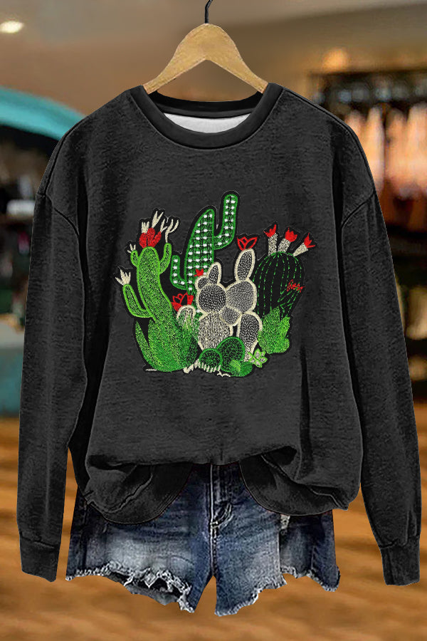 Cozy Western Cowboy Cactus Print Sweatshirt