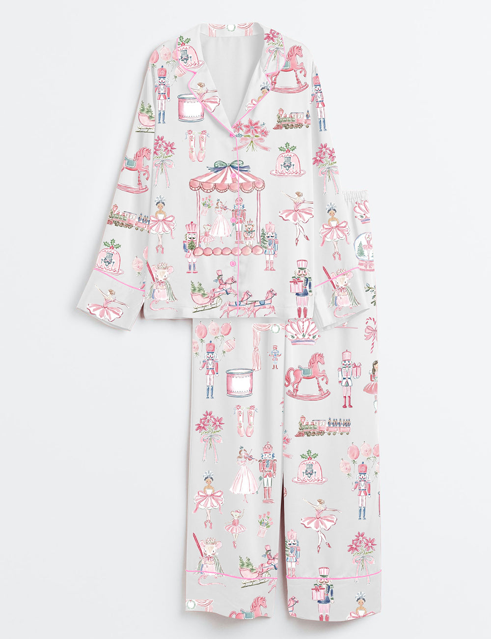 Pink Nutcracker Pastel Christmas Ballerina Holiday Long Sleeve Satin Pajama Set